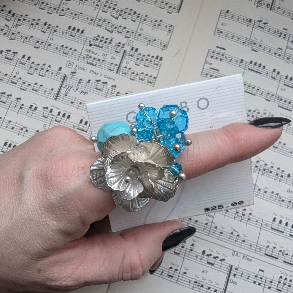 Silver and Blue Floral Stretch Ring